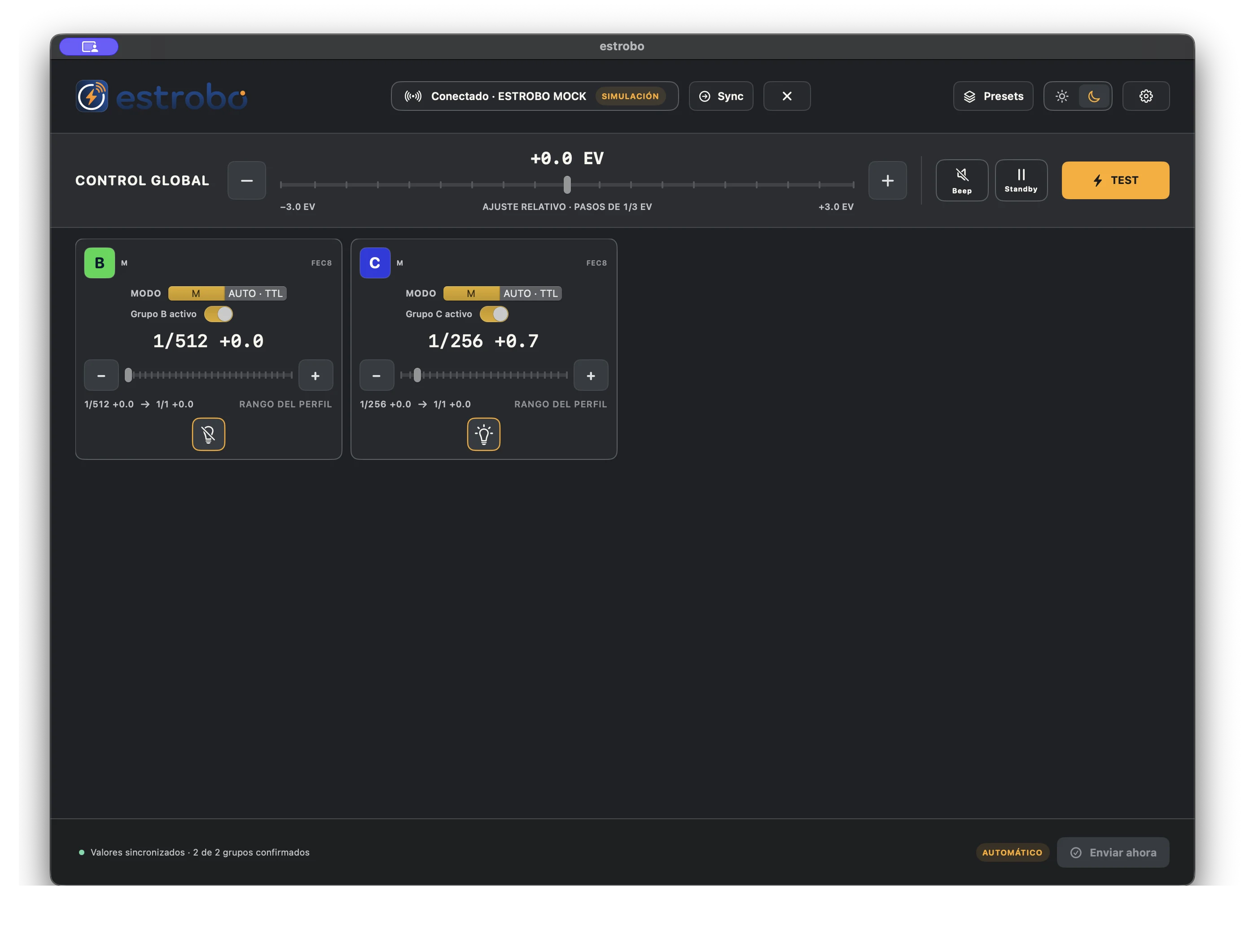 Vista Matriz de Estrobo con controles compactos para los grupos B y C